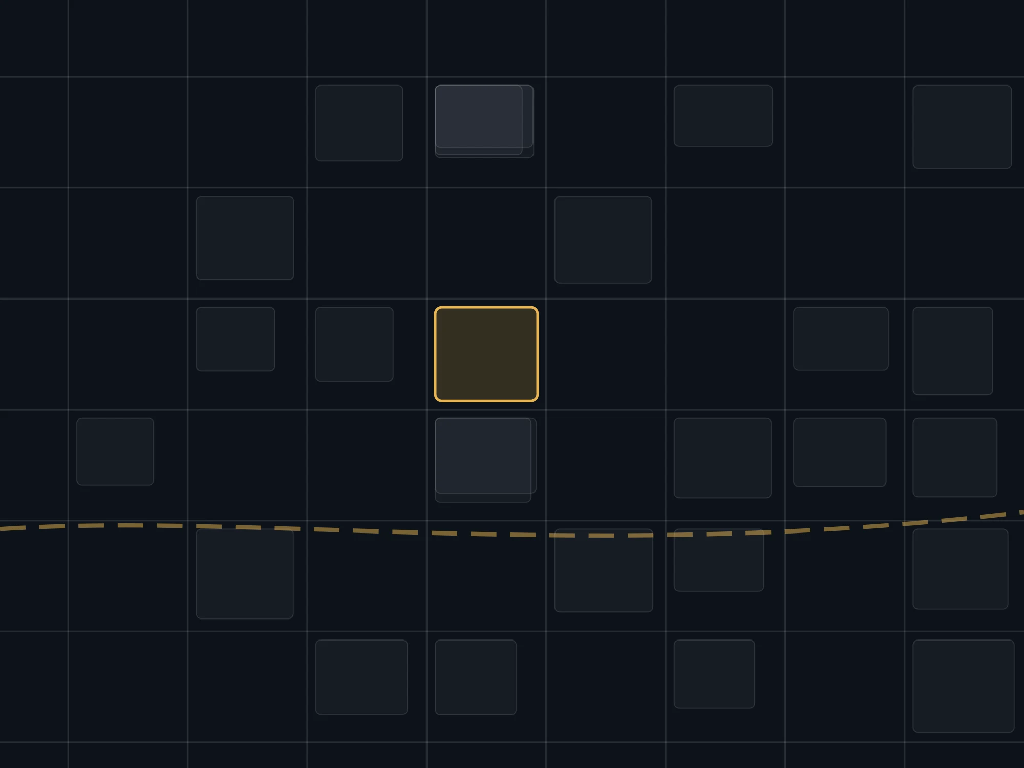 A simplified street grid with one block filled and a transit line running past it