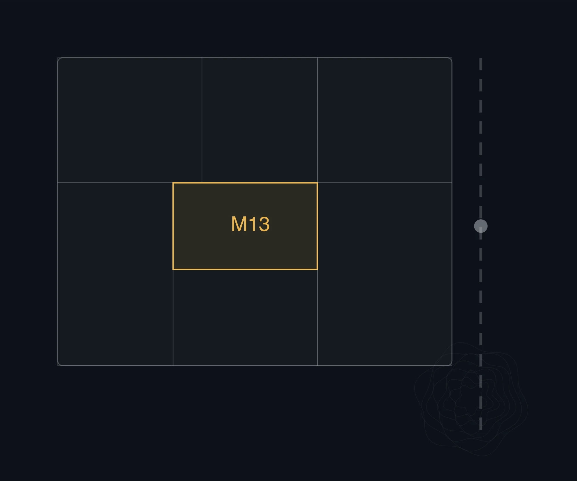 An abstract plan of a small office floor with one room marked and a route to a transit point