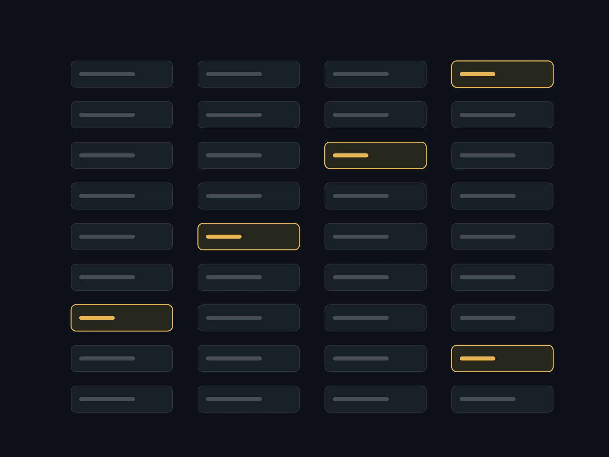A grid of reconciliation rows, most settled and four outlined in gold