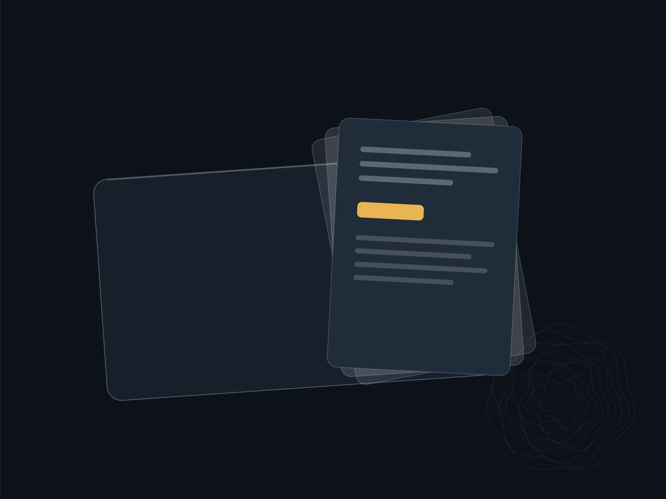 A card plane overlaid with a fanned set of small documents, one of them marked