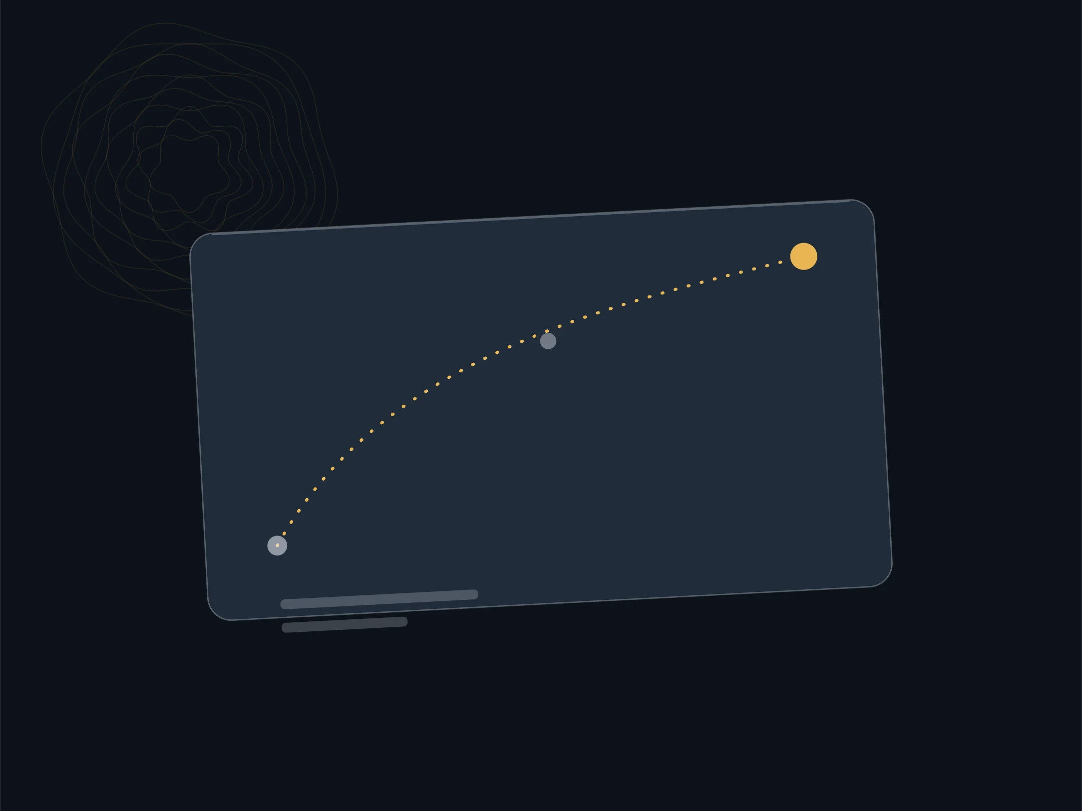 A card plane crossed by a long arcing route line with three marked stops