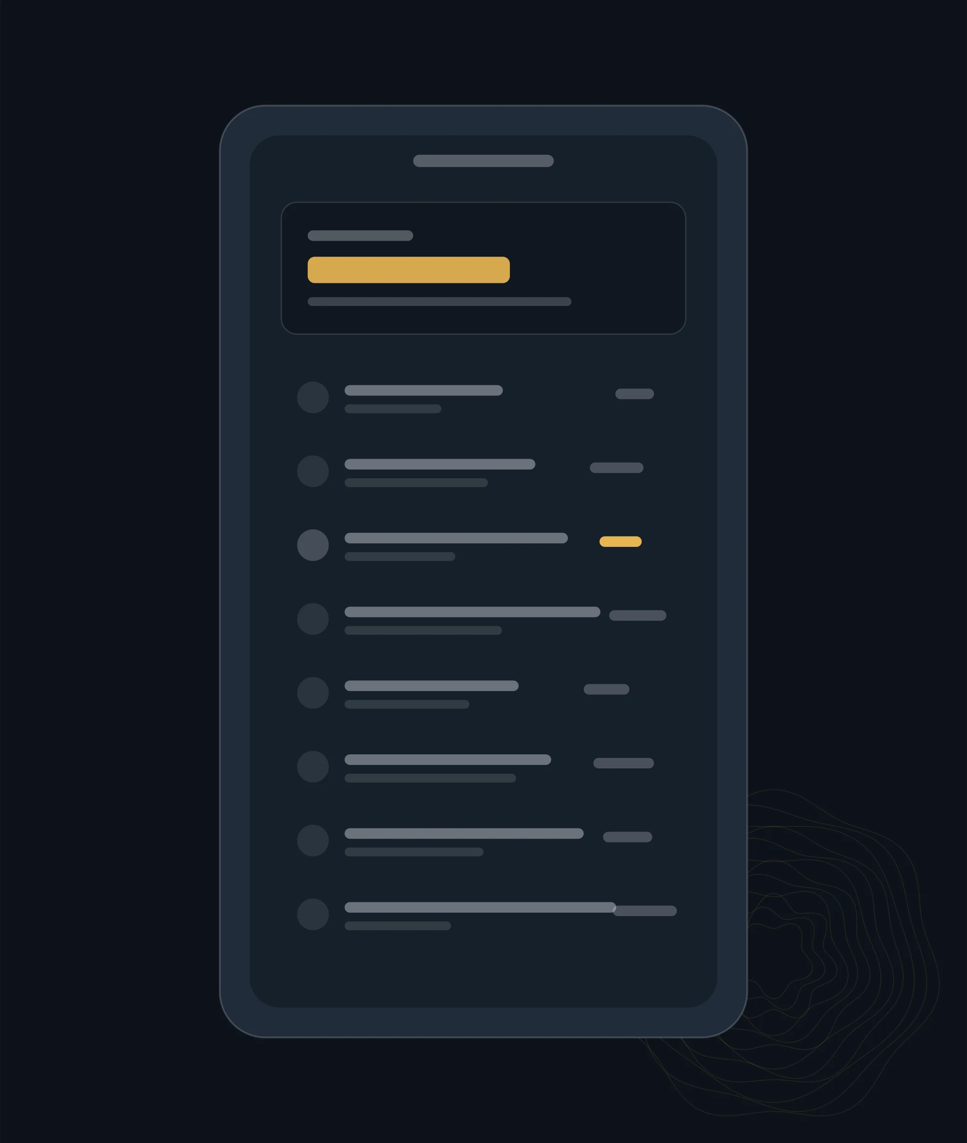 A tall device outline containing a stacked list of transaction rows and a summary band