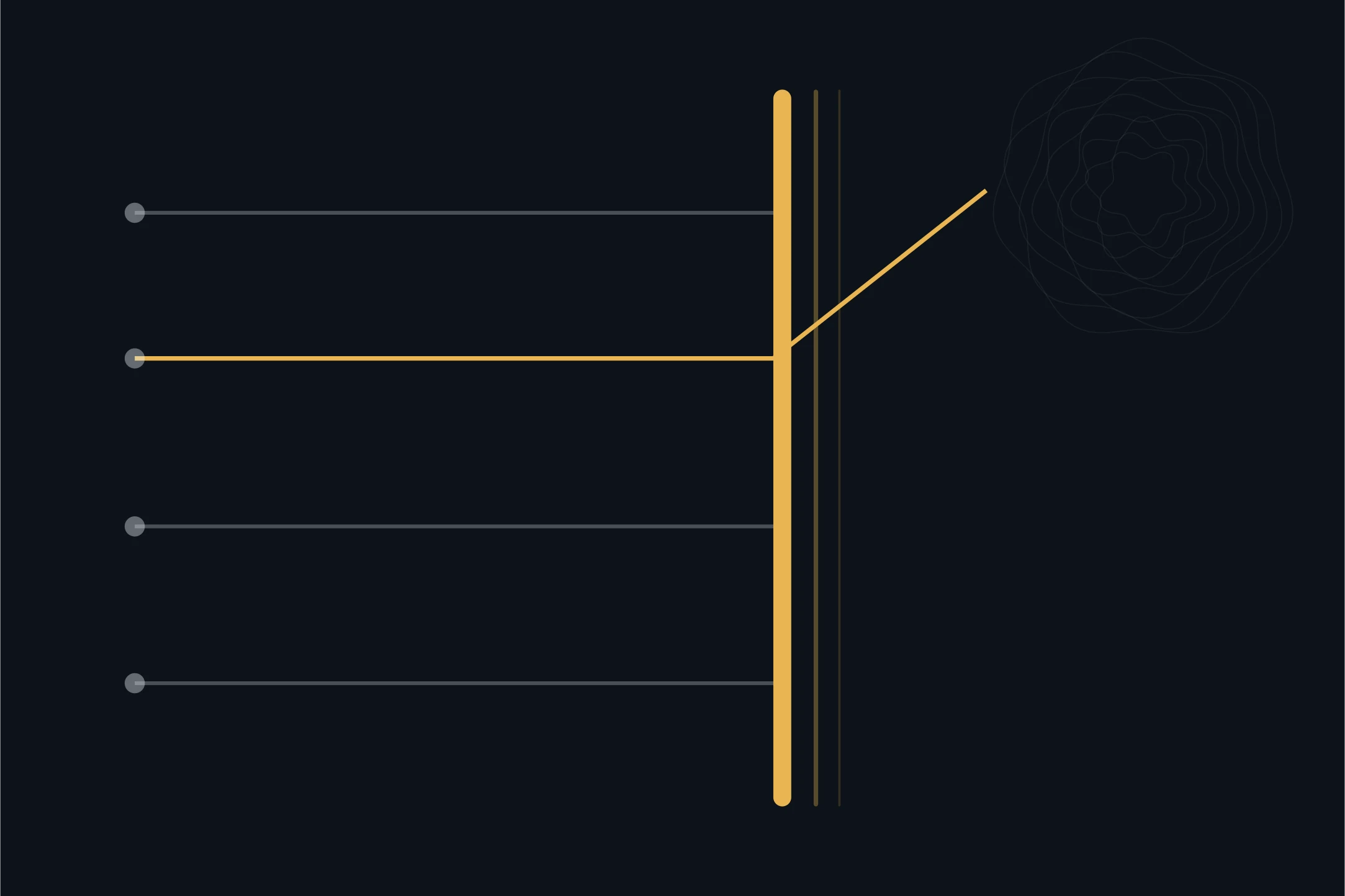 Four converging arrows meeting a solid vertical barrier, one of them deflected